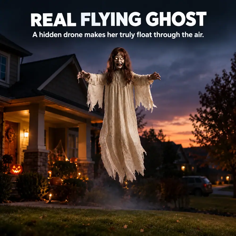Real flying ghost: a hidden drone makes her truly float through the air